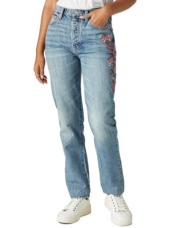 Womens High-Rise Embroidered Mom Jeans Fashionable Cropped Denim Jeans