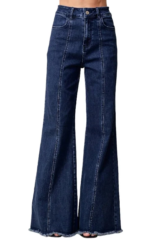 Wide Leg Palazzo Denim Jeans In Dark Wash Comfortable Full-Length Denim Jeans