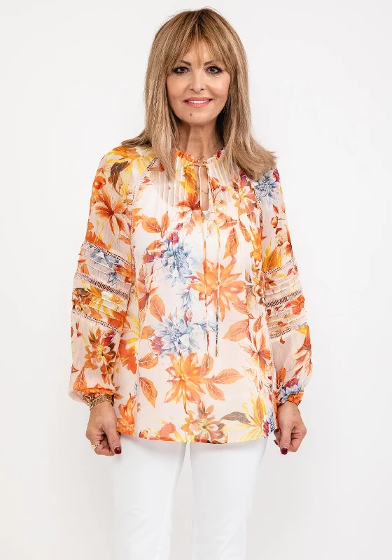 Guess Womens Floral Chiffon Blouse, Orange Playful Puff Blouse