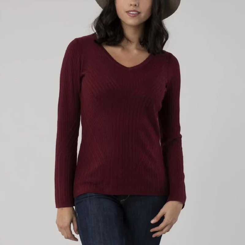 Coco V-Neck Sweater in Damson Seamless Knitted Crochet