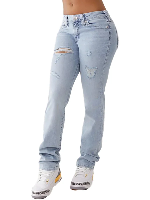 Womens Mid-Rise Destroyed Straight Leg Jeans Comfortable Flare Leg Jeans