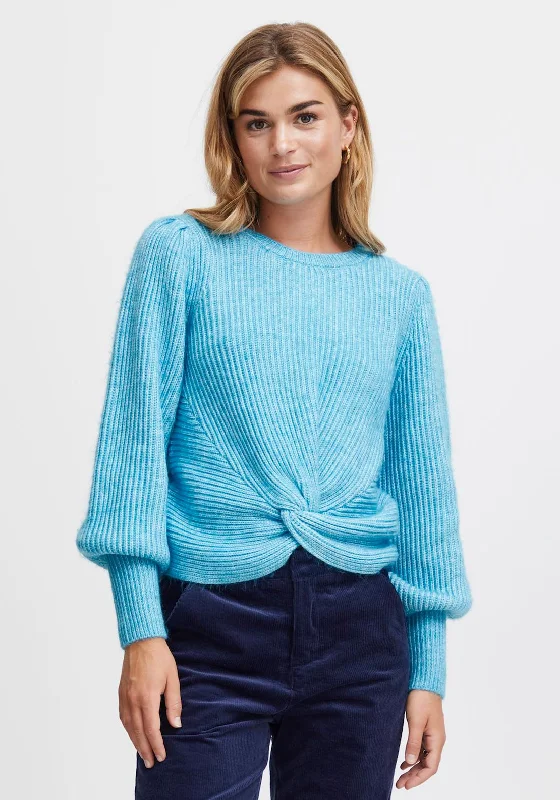 Fransa Elna Knot Detail Knitted Jumper, Ethereal Blue Print Jacquard Patchwork