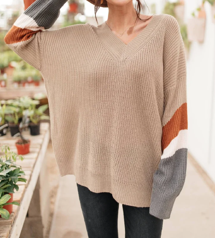 The Edge Of Your Sleeve Sweater In Taupe Graphic Sweater Embroidered Appliqued