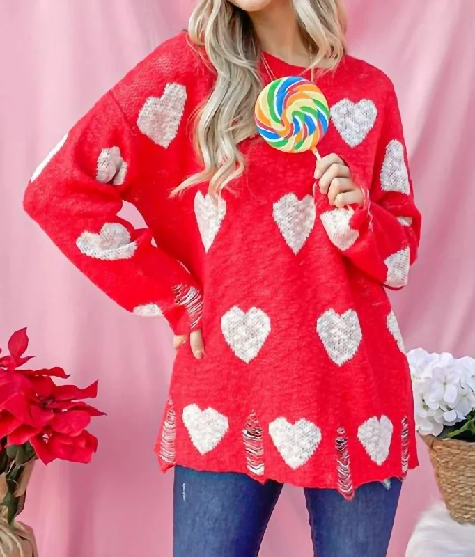 Distressed Sweater With Hearts In Red Silk Blend Satin Velvet