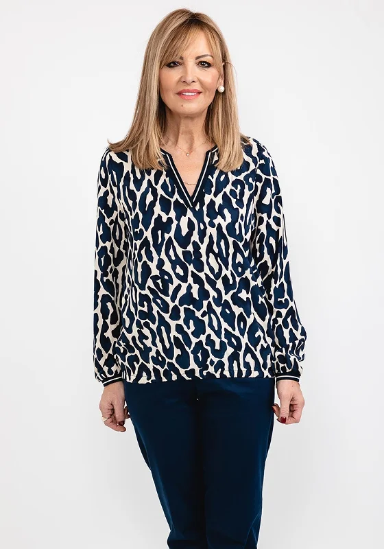 Street One Leopard Print Elastic Trim Blouse, Deep Blue Loose Oversized Blouse