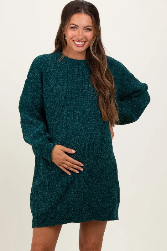 Forest Green Chenille Knit Maternity Sweater Dress Sequined Glittery Shiny