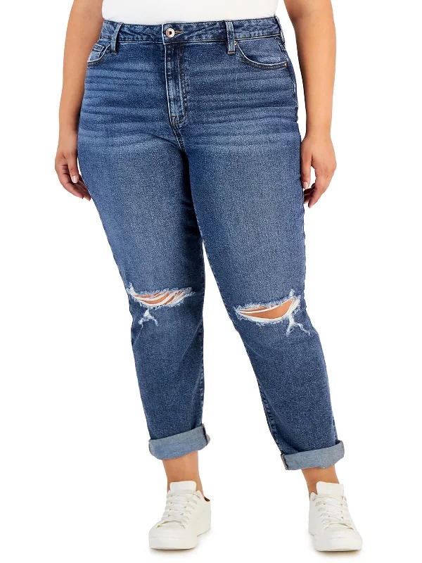 Plus Womens Cuffed High Rise Mom Jeans Trendy Skinny High-Waist Jeans