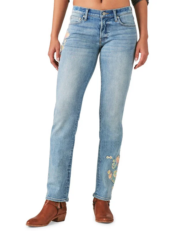 Womens Floral Embroidered Straight Leg Jeans Comfortable Low-Rise Jeans