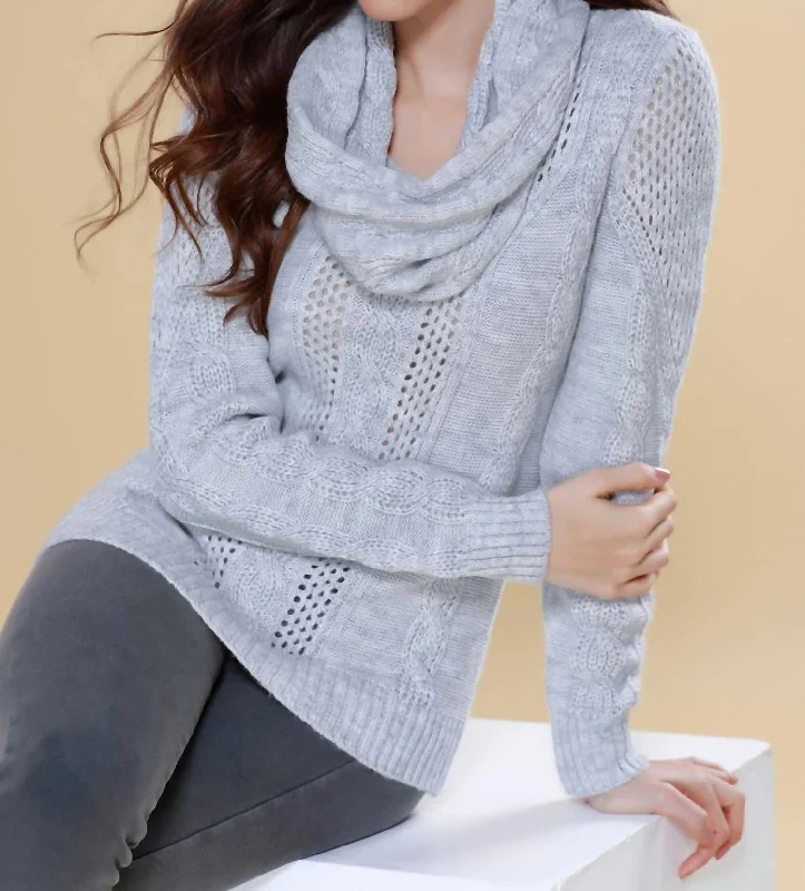 Juliana Cable Knit Sweater Attach Scarf In Slate Wool Fabric Cashmere Fabric Tweed Fabric