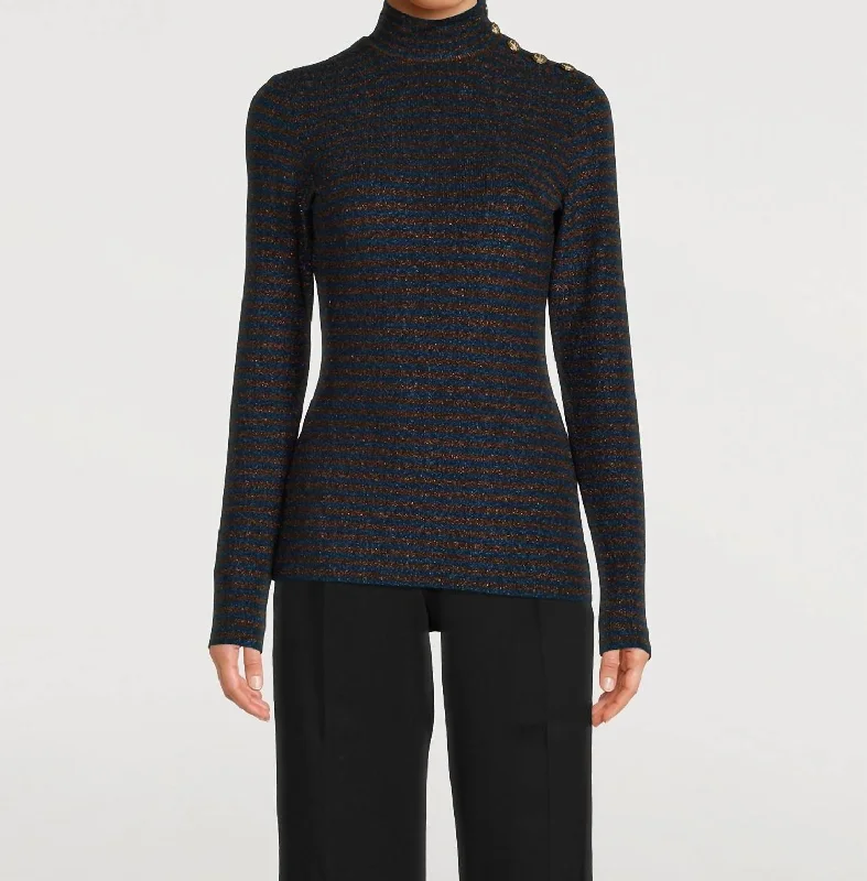 Buttoned Turtleneck Sweater In Blue/bronze Metallic Stripe Front Pockets Side Pockets Patch Pockets