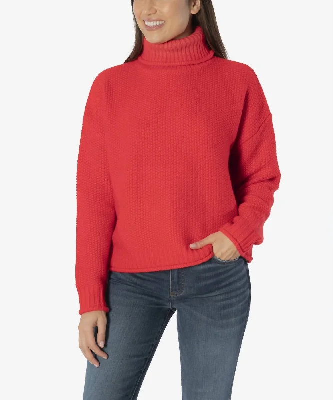 Hailee Turtleneck Sweater In Red Faux Fur Fabric Real Fur Fabric Shearling Fabric