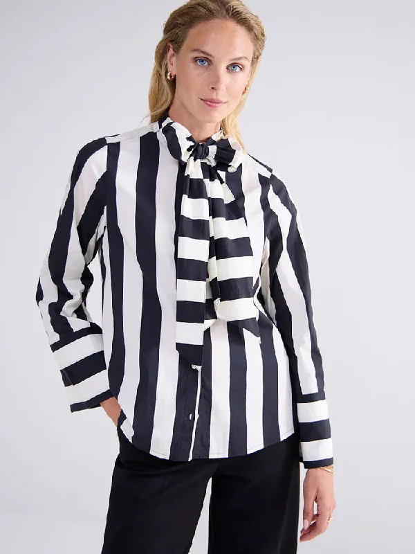 Summum Stripe Printed Blouse with Bow Black & Ivory Stylish Wrap Blouse