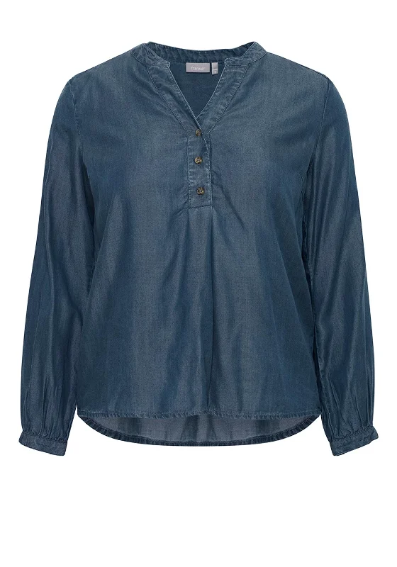 Fransa Light Denim Blouse, Medium Blue Balloon Sleeve Blouse