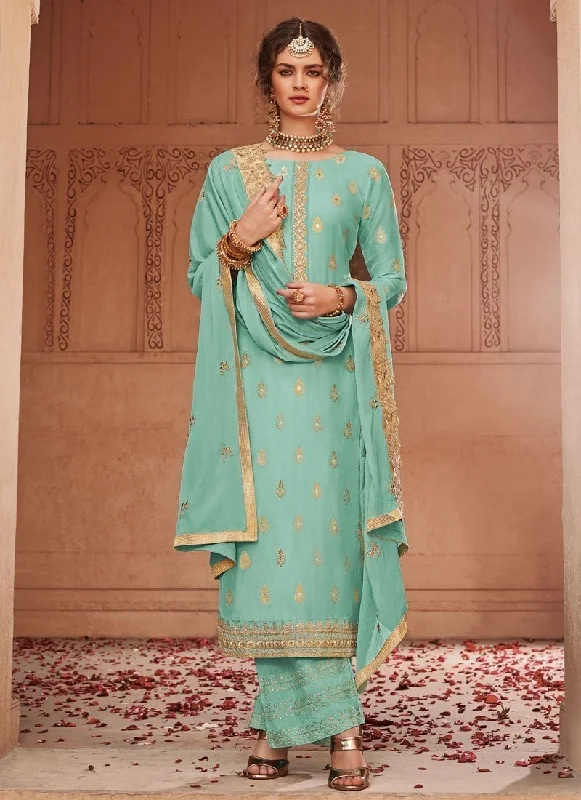 Aqua Green Banarasi Jacquard Pant Suit Stylish Slim Trousers