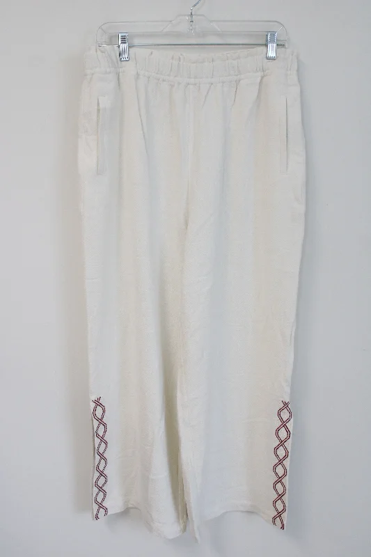 Soft Surroundings White Maroon Embroidered Elastic Waistband Pant | L Petite Classic Flared Pants