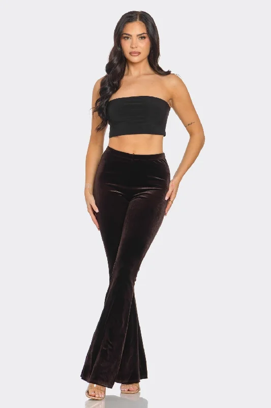 Solid Black Velvet Long Flared Pants Elegant Dress Pants