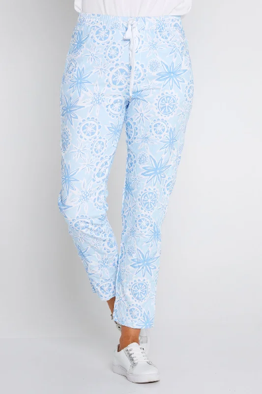 Printed Crushed Drawstring Pants - Summer Blue Wide-Legged Palazzos