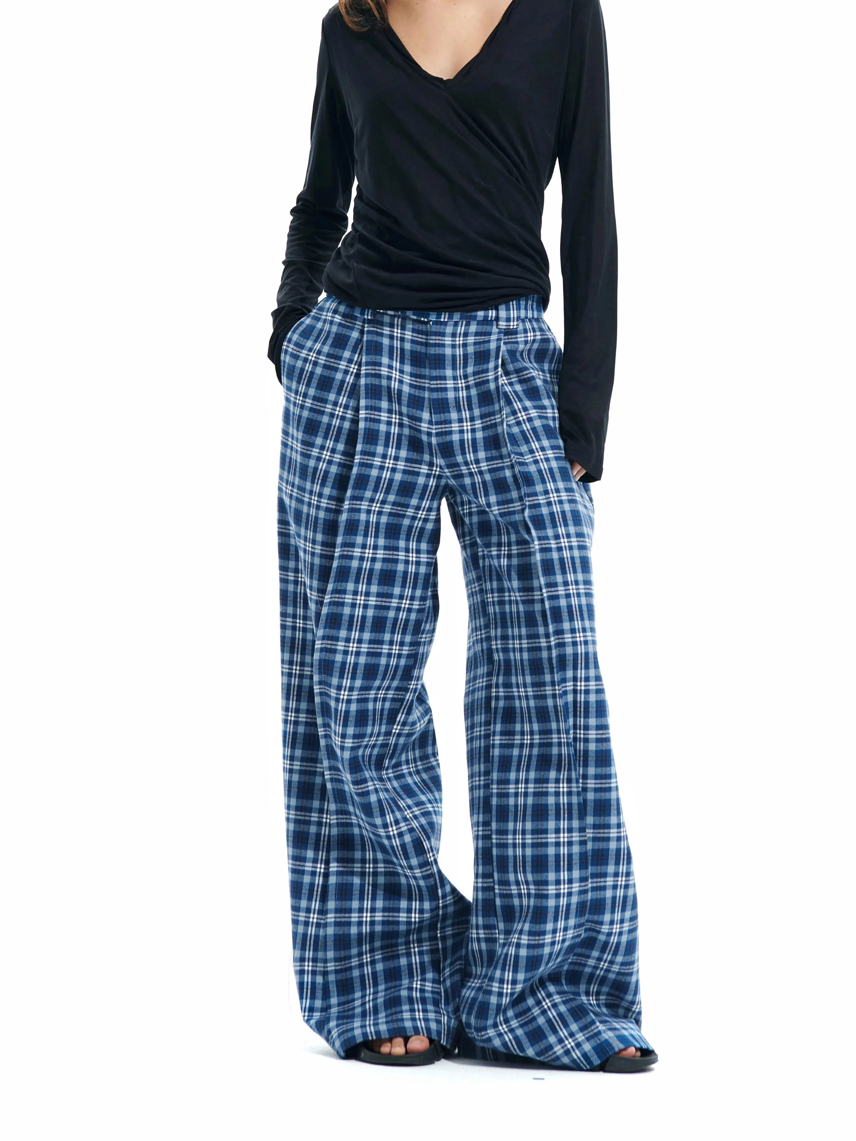 Wide-Leg Plaid Casual Pants Classic Cropped Pants