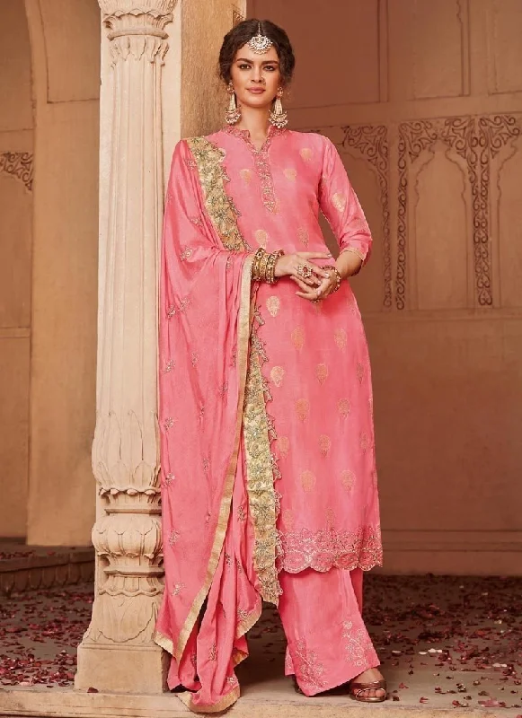 Pink Banarasi Jacquard Pant Suit Classic Straight Pants