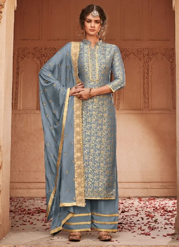 Grey Banarasi Jacquard Pant Suit Elegant Silk Pants