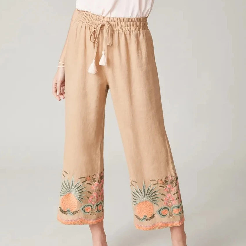 Amelia Embroidered Palazzo Pant - Tannin Slim Fit Casual Pants