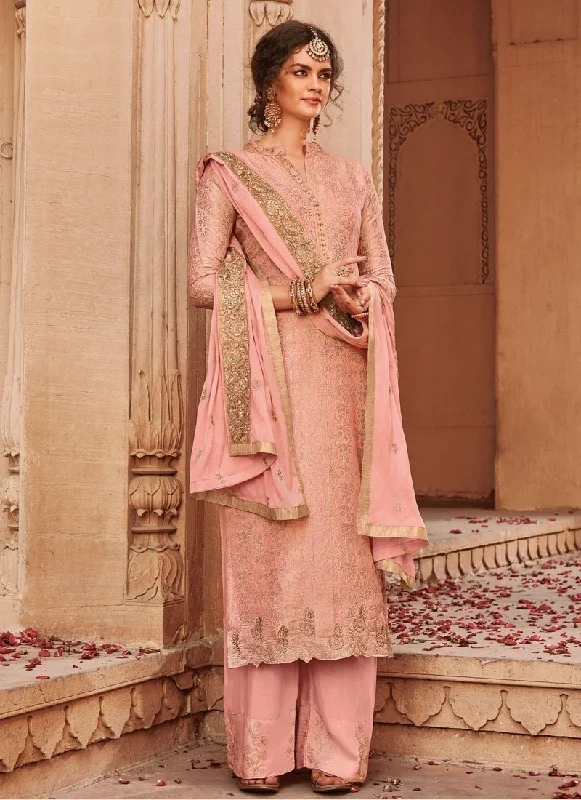 Baby Pink Banarasi Jacquard Pant Suit Formal Linen Trousers