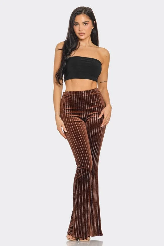 Brown Velvet Flared Long Pants with Glitter Stripes Classic Chino Pants