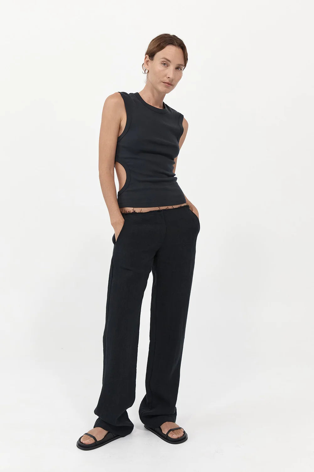 Low Waist Raw Edge Pants - Black Soft Wool Pants