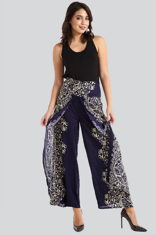 Autumn Paisley Print Split Front Pants Lightweight Linen Pants