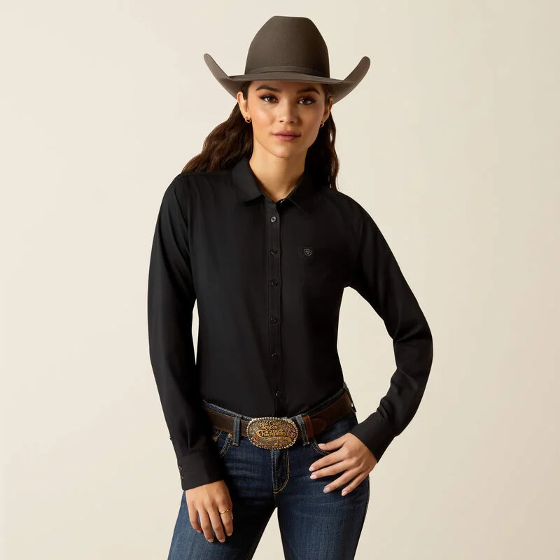 Ariat Women's Kirby Pro L/S Western Button Down Shirt in Solid Black Zippered Front Buttoned Front Snap Front