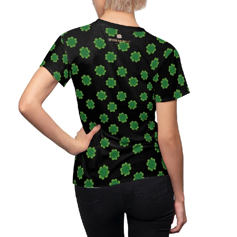 Black Green Clover Print Shirt, Cute Clover Leaves Print Designer St. Patrick's Day Women's Crewneck Tee- Made in USA Rayon Fabric Velvet Fabric Corduroy Fabric