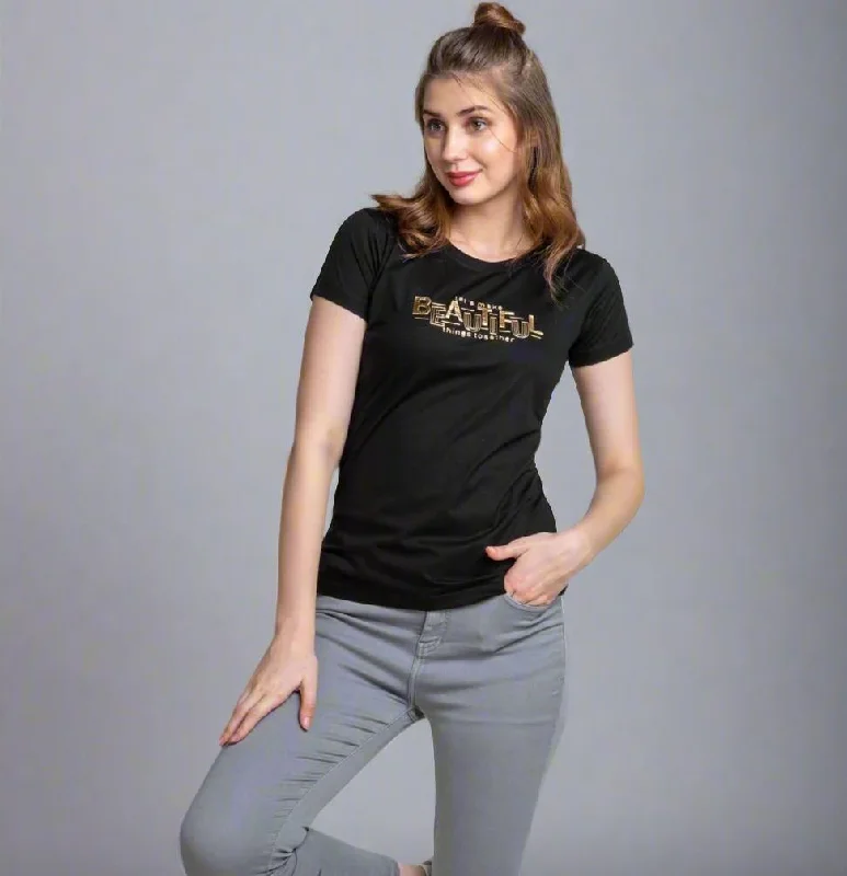 Black Round Neck Half Sleeve Ladies Cotton T-shirt Embroidered Appliqued Beaded