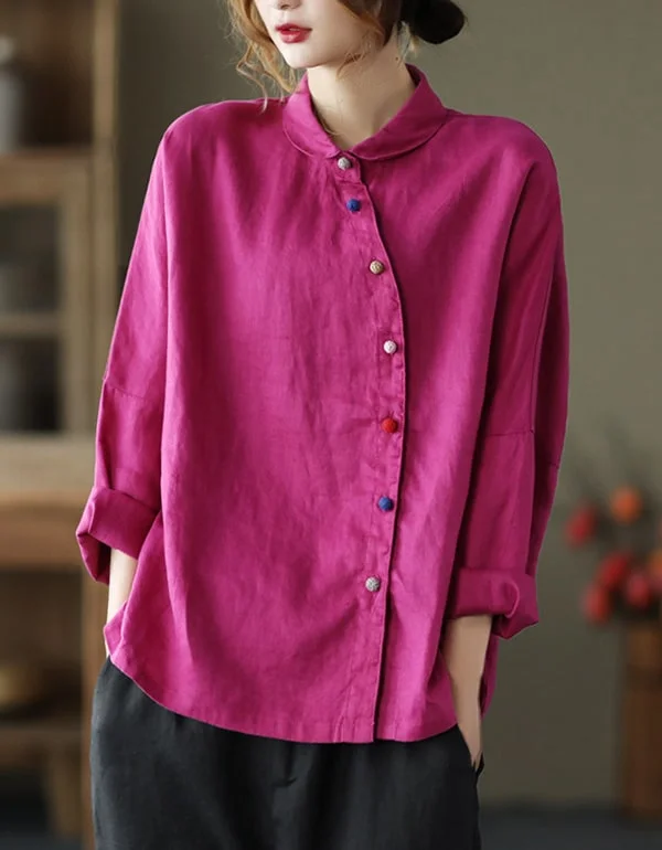 Color Button Retro Rich Linen Shirt Lace Blend Ribbed Blend Corduroy Blend