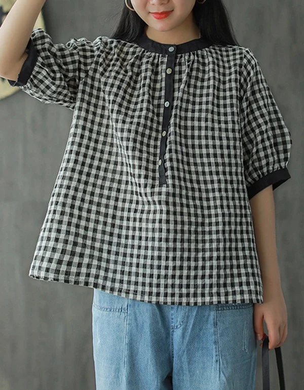 Cotton Linen Gingham Short-sleeve Shirt Casual Formal Business