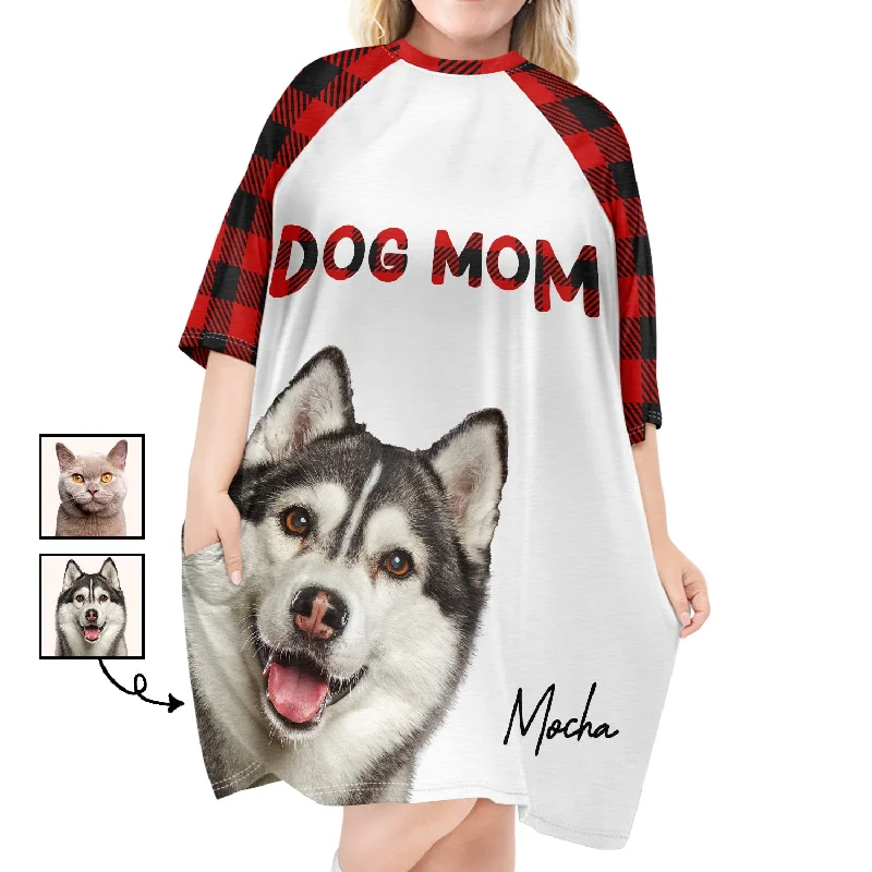 Custom Photo Dog Mom Cat Mom - Gift For Pet Lovers - Personalized Women's Sleep Tee Solid Color Striped Floral