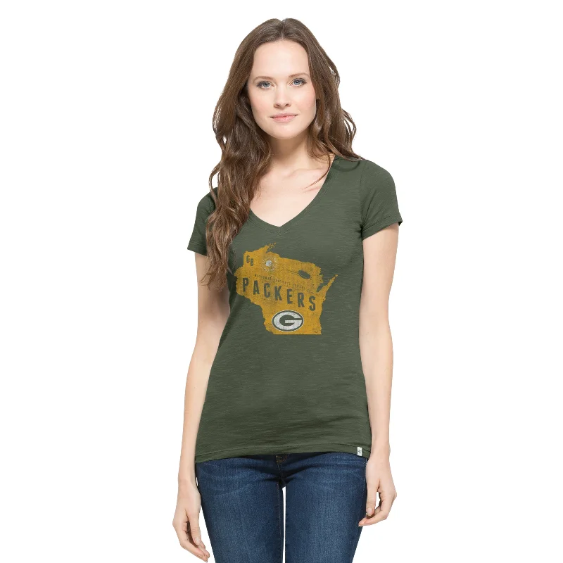 Green Bay Packers Bottle Green Women's V-Neck Scrum Tee Collared T-Shirt Boat Neck A-Line