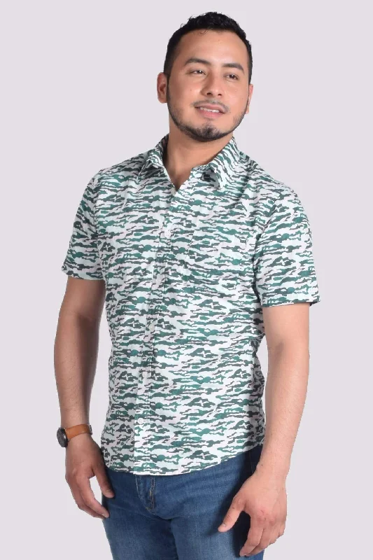 Green Retro Camo Shirt Spandex Blend Rayon Blend Denim Blend