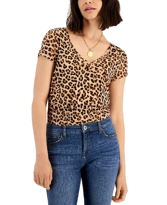 INC International Concepts Womens Leopard Print Mesh T-Shirt V-Neck T-Shirt Long Sleeve Cotton