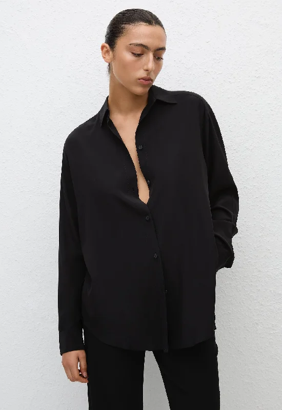 Long Sleeve Silk Shirt - Black Boxy Fit Fitted Loose