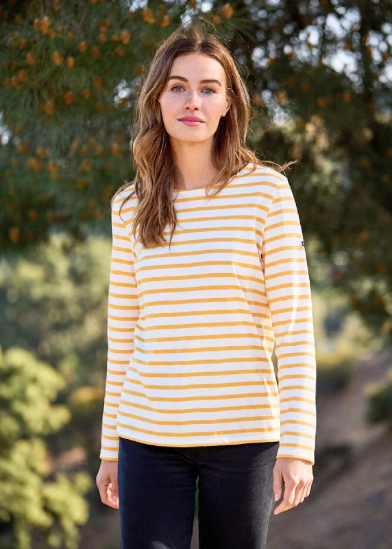 MINQUIDAME - Breton Striped Shirt with Long Sleeve | Soft Cotton | Women Fit (IVORY / AMBER) Machine Wash Dry Clean Hand Wash