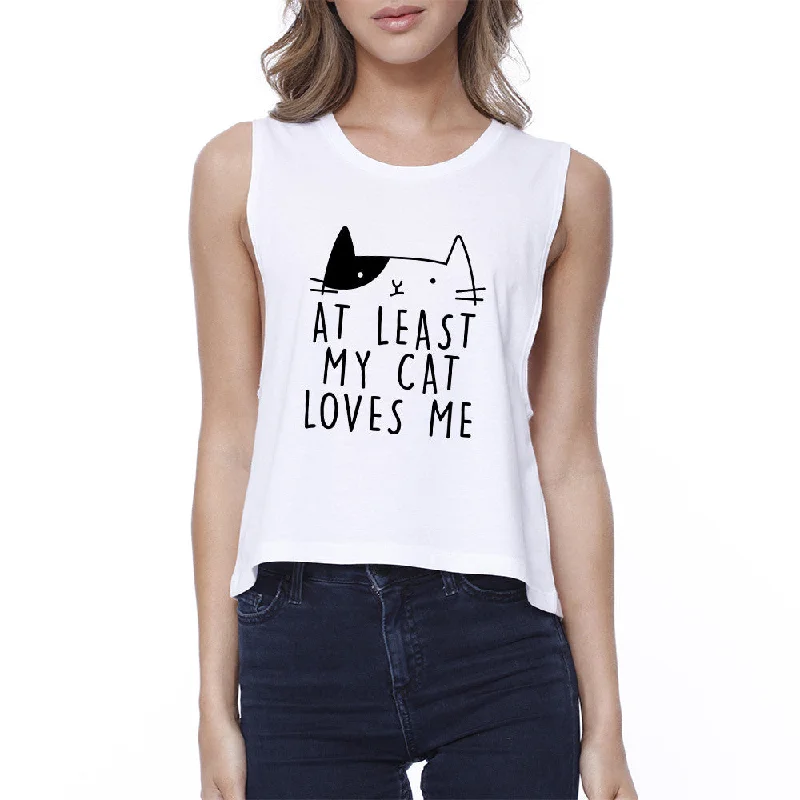 My Cat Loves Me Women's White Crop Tee Funny Quote For Cat Lovers Print Jacquard Patchwork