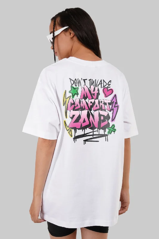 My Comfort Zone White Oversized Fit T-Shirt Women Zippered Buttoned Snapped