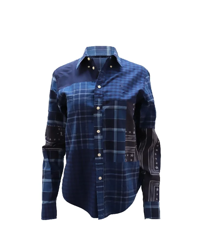 Ralph Lauren Patchwork Shirt in Blue Print Cotton Graphic Embroidered Appliqued