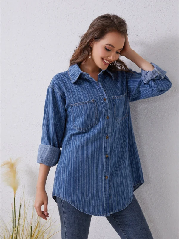 Pocketed Striped Button Up Denim Shirt Mesh Fabric Canvas Fabric Denim Fabric