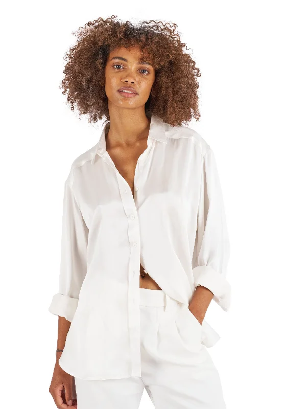 Soie White Oversized 100% Silk Shirt V-Neck T-Shirt Long Sleeve Cotton