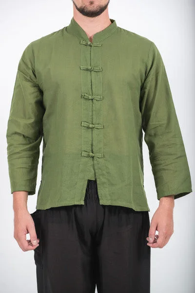 Unisex Long Sleeve Cotton Yoga Shirt with Chinese Collar in Olive Jersey Fabric Tulle Fabric Batik Fabric