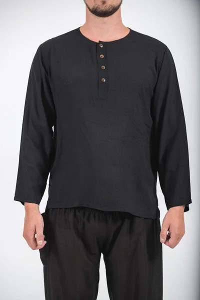 Unisex Long Sleeve Cotton Yoga Shirt with Coconut Shell Buttons in Black Thin T-Shirt Open Front Quick Dry