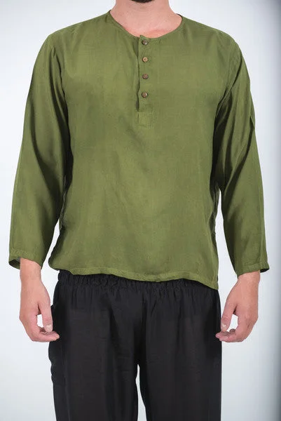 Unisex Long Sleeve Cotton Yoga Shirt with Coconut Shell Buttons in Olive Machine Wash Dry Clean Hand Wash