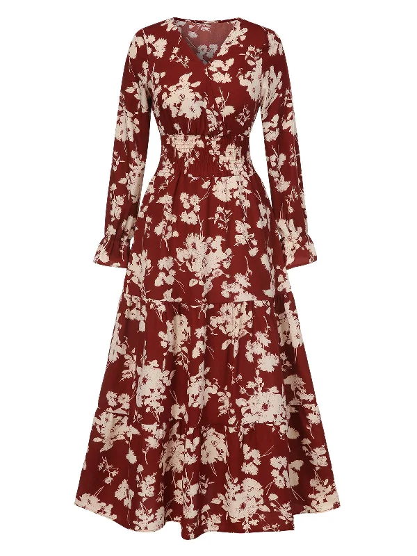 1930s Flower Silhouette V-Neck Maxi Dress Elegant Floral Maxi Dress