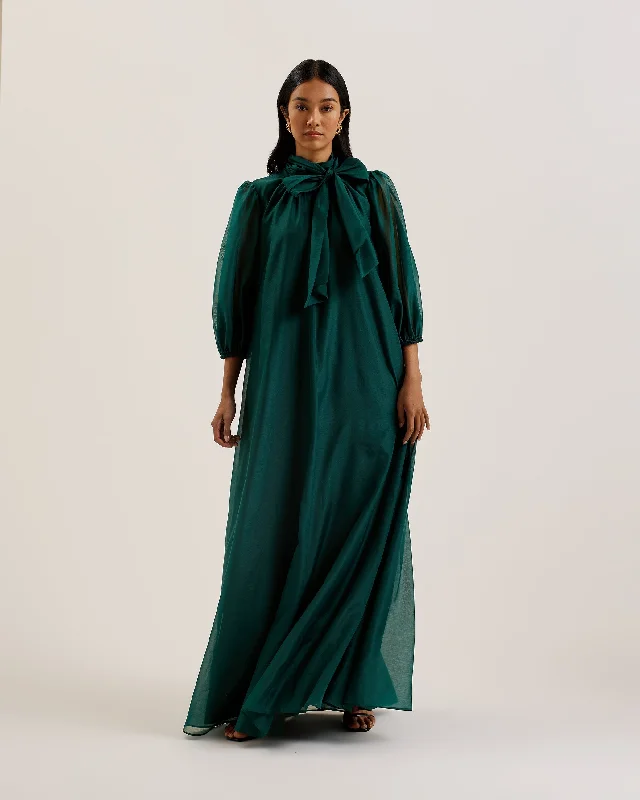 Adaifi Sheer Organza Tie Neck Maxi Dress Dk-Green Comfortable Maxi Dress with Belt